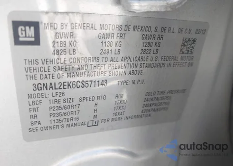 2012 Chevrolet Captiva Sport 2Ls из США, поврежденный, VIN 3GNAL2EK6CS571143